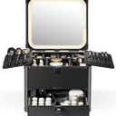 Qislee Makeup Box with Drawer and A Detachable Lighted Mirror, Waterproof Travel Train Case, Cosmetic Organizer and Makeup Suitcase with Adjustable Dividers, Magnetic LED Mirror (Black)