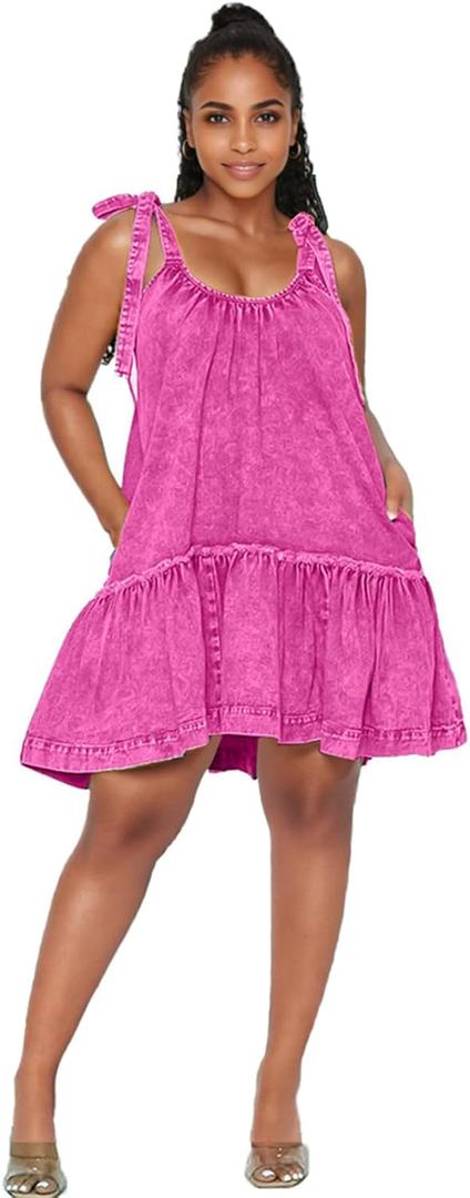 Women Denim Cami Dress Tie Shoulder Ruffle Hem Short Dresses Babydoll Wash Jean Sundress with Pocket (Small, Rose Red)