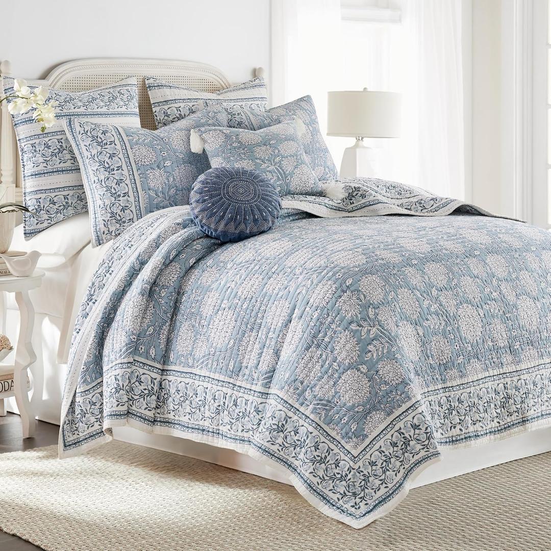 Levtex Home Adare Blue Reversible King/Cal King Quilt Set (106x92in) with 2 Pillow Shams (36x20in) - Floral Bedding - Blue White - Cotton King Size Quilt Bedding Set - Lightweight, Soft, Pre-Washed