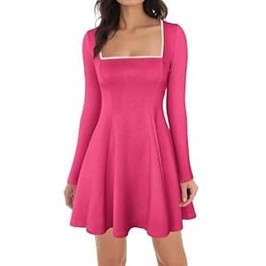 Lrady Womens Square Neck Bodice Dress Long Sleeve Flare A Line Club Party Mini Ruffle Swing Short Dresses, Hot Pink, Medium