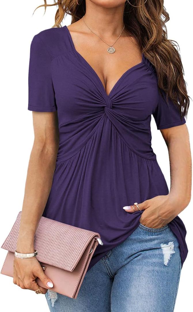 Tankaneo Womens Front Knotted V-Neck Blouse T Shirt Short Sleeve Oversized Tunic Tops Summer Solid Pullover Tees, Large, B15-purple