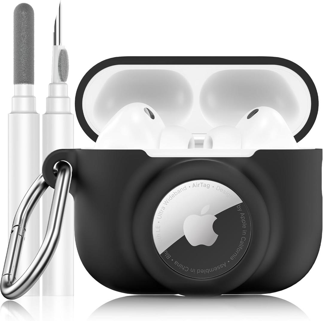 2 in 1 Silicone Case Compatible with AirPods Pro 3 and AirTag, Shockproof Protective Case Cover for AirPods Pro 3rd Generation 2025 with Cleaner Kit & Carabiner (Black)