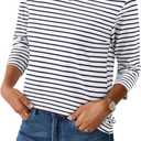 LilyCoco Womens 3/4 Length Sleeve Tops Striped Boatneck Shirt Breton French Cotton Tees Blue and White Small (White, S)