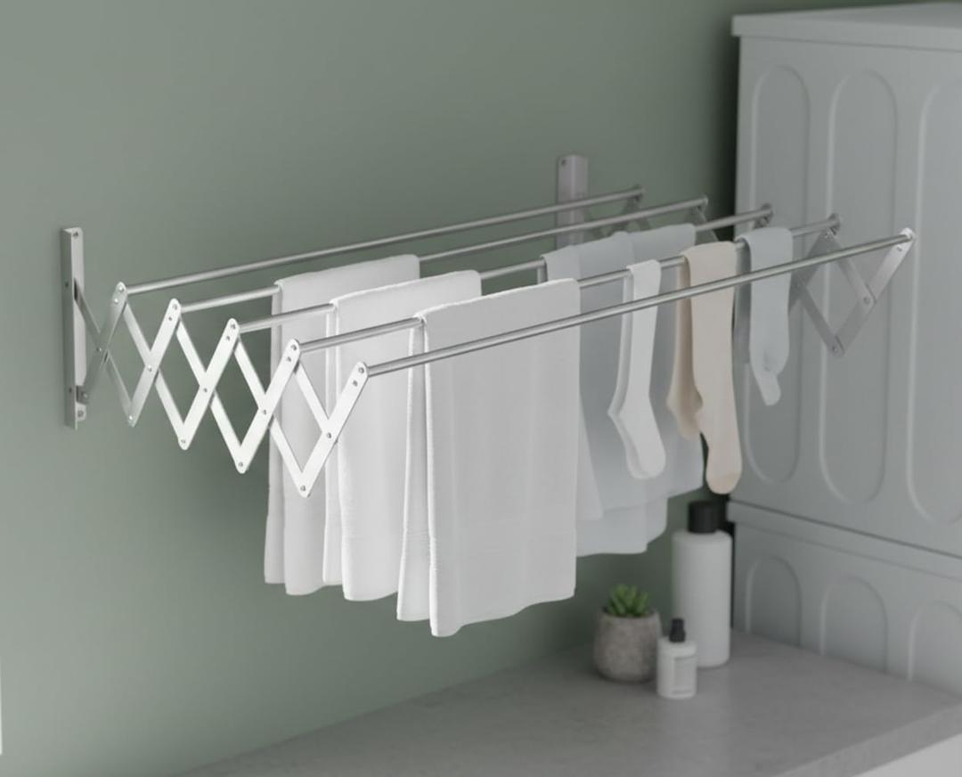 Laundry Drying Rack Wall Mount - Towel Rack Collapsible, Retractable Drying Rack Easy Install Space Saving with 5 Drying Rods, 32"