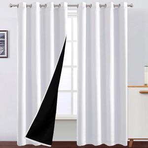 LEMOMO 100% Blackout Curtains 52 x 95 Inch/White Curtains 2 Panels with Black Lining Room Darkening Thermal Insulated Bedroom Curtains
