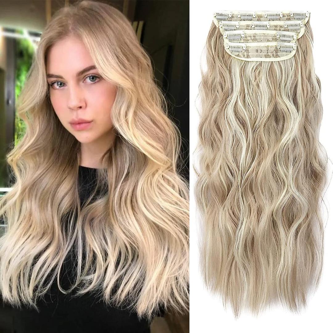 Clip in Hair Extensions, 20 Inches Wavy Long Synthetic Hair Extensions Clip ins,Soft (Color:16H613#)