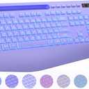 Wireless Keyboard with 7 Colored Backlits, Wrist Rest, Phone Holder, Rechargeable Ergonomic Computer Keyboard with Silent Keys, Full Size Lighted Keyboard for Windows, MacBook, PC, Laptop (Purple)