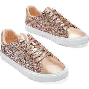 AISFAES Glitter Sparkly Low Top Sequins Lace Up Tennis Shoes Comfort Bling Fashion Shiny Walking Shoes (11 Women/9 Men, Rose Gold)