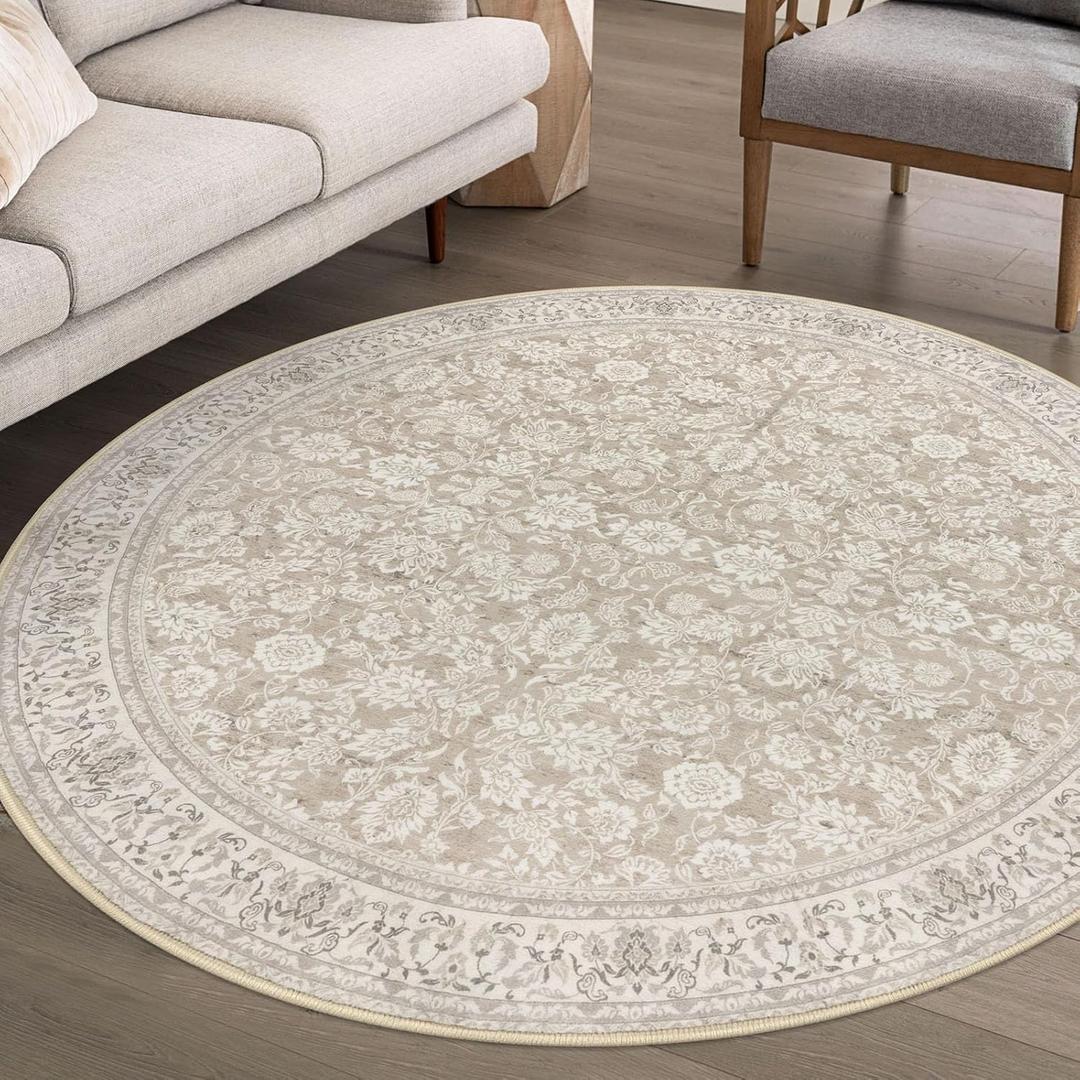 6' Round Rug Washable Rug for Entryway, Cream Beige White Grey Soft Non-Slip Area Rugs Distressed Floral Low-Pile Carpet, Neutral Vintage Circle Rugs for Living Room Dining Bedroom Foyer