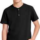 Auranso Boys Henley Shirts Short Sleeve Kids Cotton Button Front T-Shirts Summer Tops Tees (11-12 Years, Black)