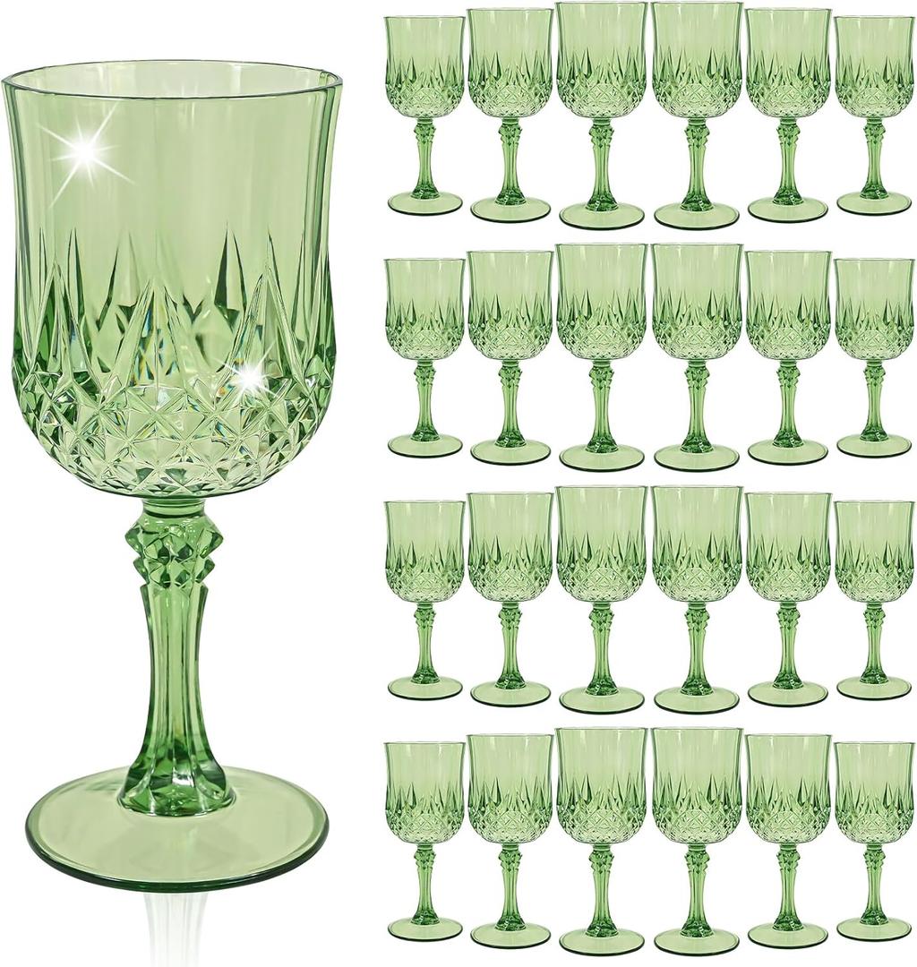 24 Pcs Sage Green Plastic Wine Glasses, Plastic Goblets for Parties, Vintage Wine Glasses Bulk, Reusable Drinking Glass, Drinkware Cups for Wedding Party Reception Event Supplies