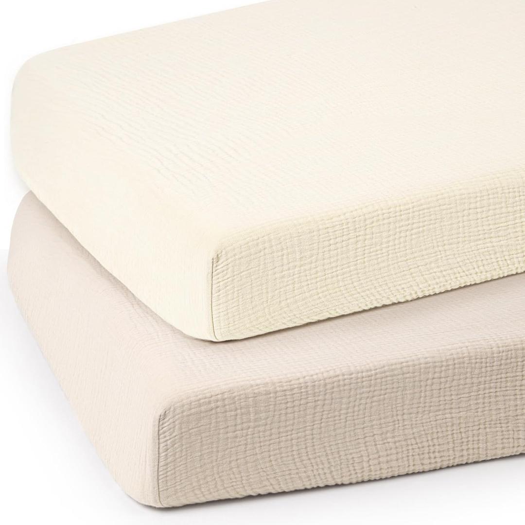 lulumoon Baby Muslin Crib Sheets - Toddler Cotton Fitted Crib Sheets Neutral for Boys and Girls 2Pack (White & Cream)