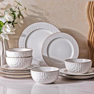 GBHOME Ceramic Dinnerware Sets,12 pcs Embossed Elegant Stoneware Plates and Bowls Sets, Housewarming Wedding Gift | Dishwasher & Microwave Safe | Dishes Set Service for 4 (Pearl White-Bubble)