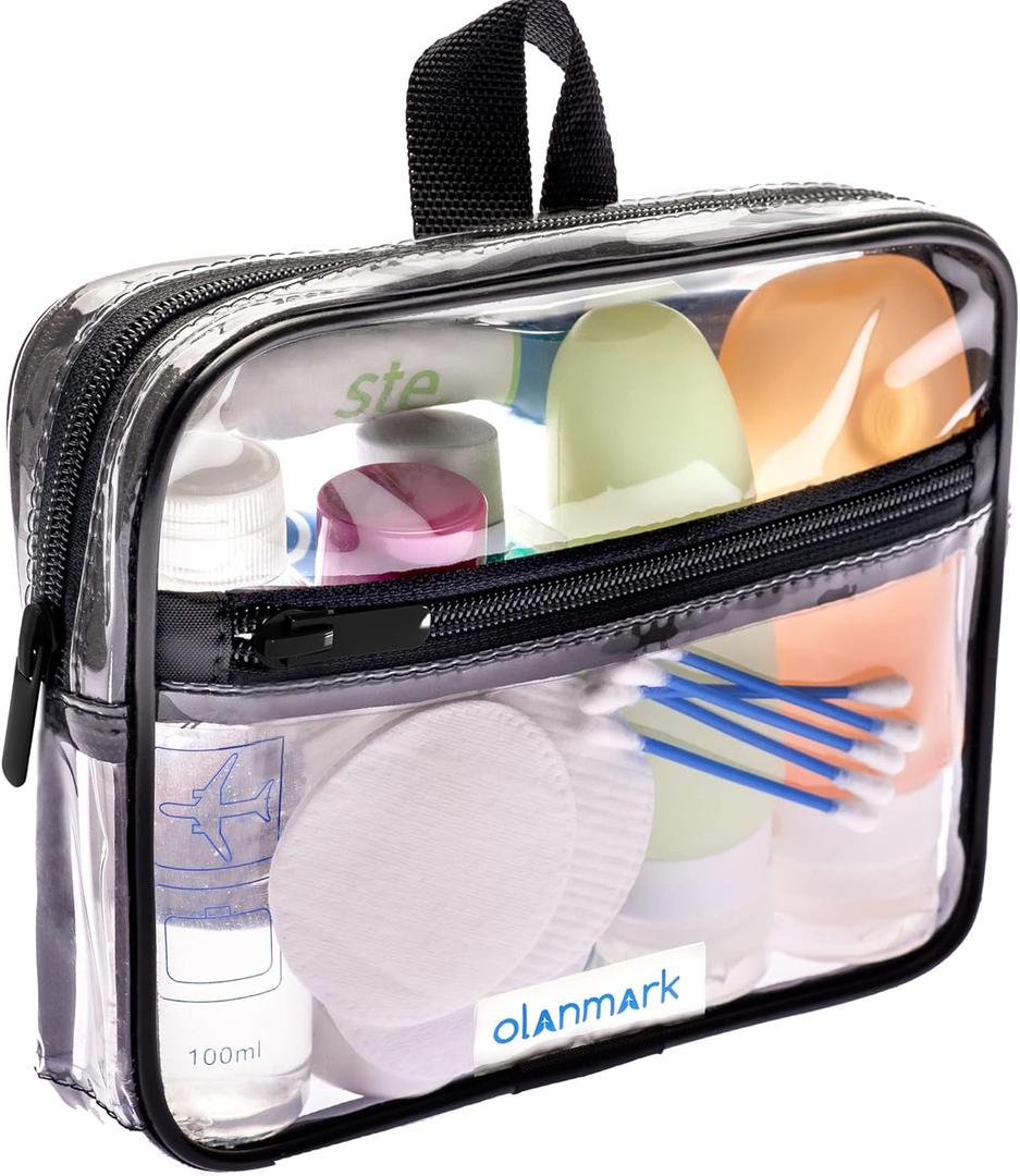 TSA Approved Toiletry Bag 3-1-1 Clear Travel Cosmetic Bag with Handle - Quart Size Bag with Zipper - Carry-on Luggage Clear Toiletry Bag for Liquids - Airport Airline TSA Compliant Bag for Man Women (Black)