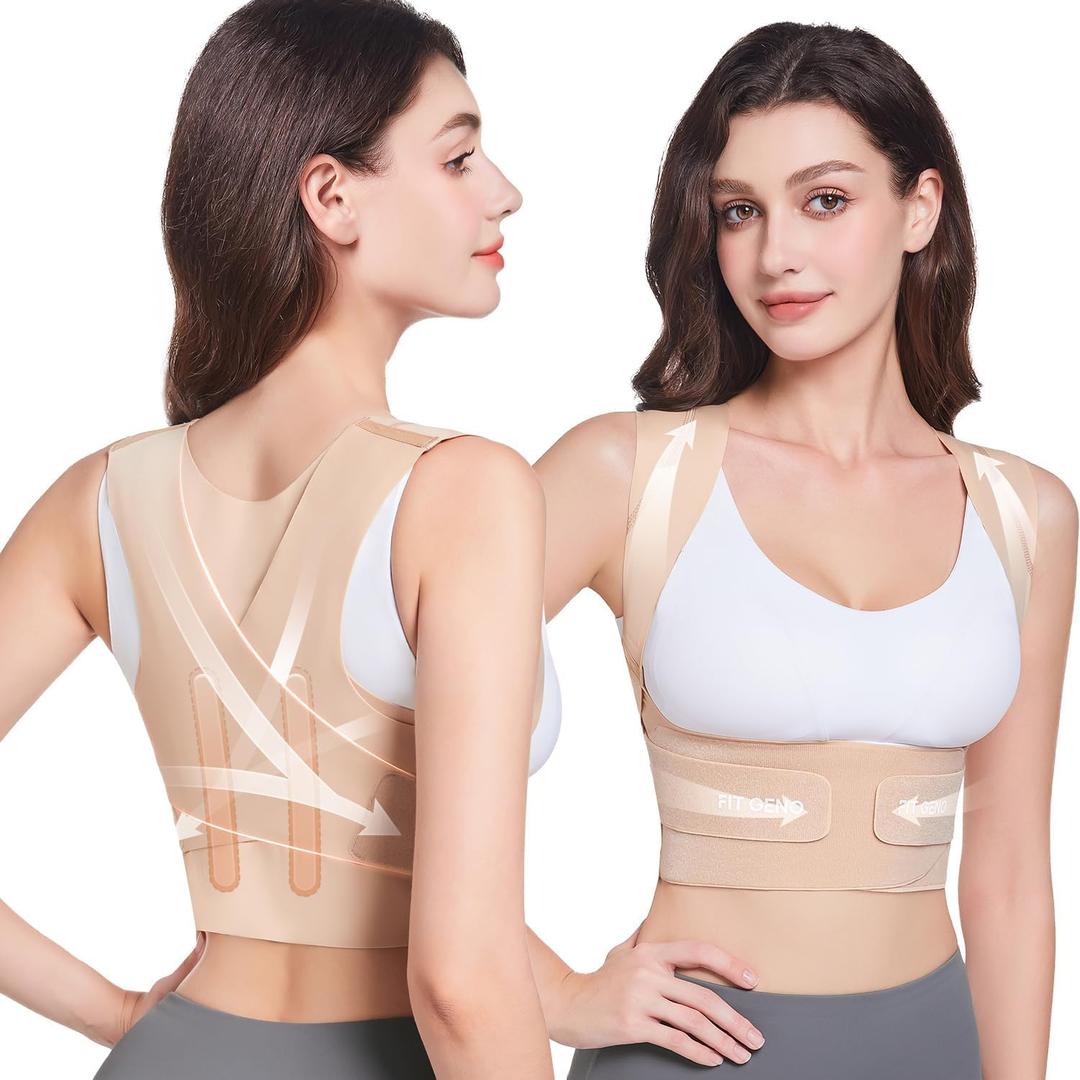 Fit Geno Posture Corrector for Women Invisilite: Invisible Lightweight Back Brace for Neck Shoulder & Upper Back Pain Relief - Improve Posture Correct Hunchback Slouching Under Clothes (Large) (Beige)