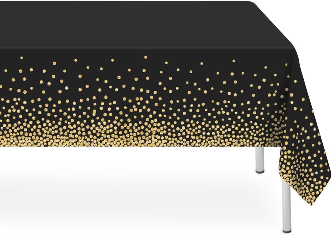 2 Pack Black and Gold Dot Tablecloth, Black Plastic Table Cloths for Parties Disposable, 54x108in Waterproof Rectangular Camping Tablecloth for New Years Birthday Party Picnic Baby Shower