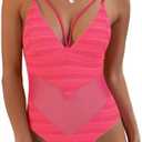 Uaunega Womens One Piece Swimsuits-Sexy Deep V Neckline Tummy Control Bathing Suit Slimming Mesh Swimwear, (M)