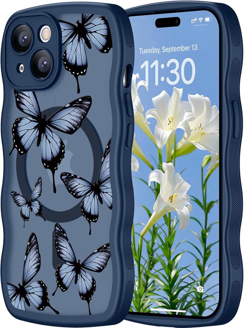 teloxy Designed for iPhone 15 Case, Magnetic [Curly Wavy Edge] Shockproof Protective Durable Slim Translucent Matte Anti-Fingerprint Phone Case, Dark Blue