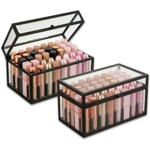 40 Lipsticks Organizer with Lid, Glass Display Box Fits Large Perfume & Skincare, Easy-Access Organiser for Vanity Countertop, Multifunctional Display Box in Any Rooms