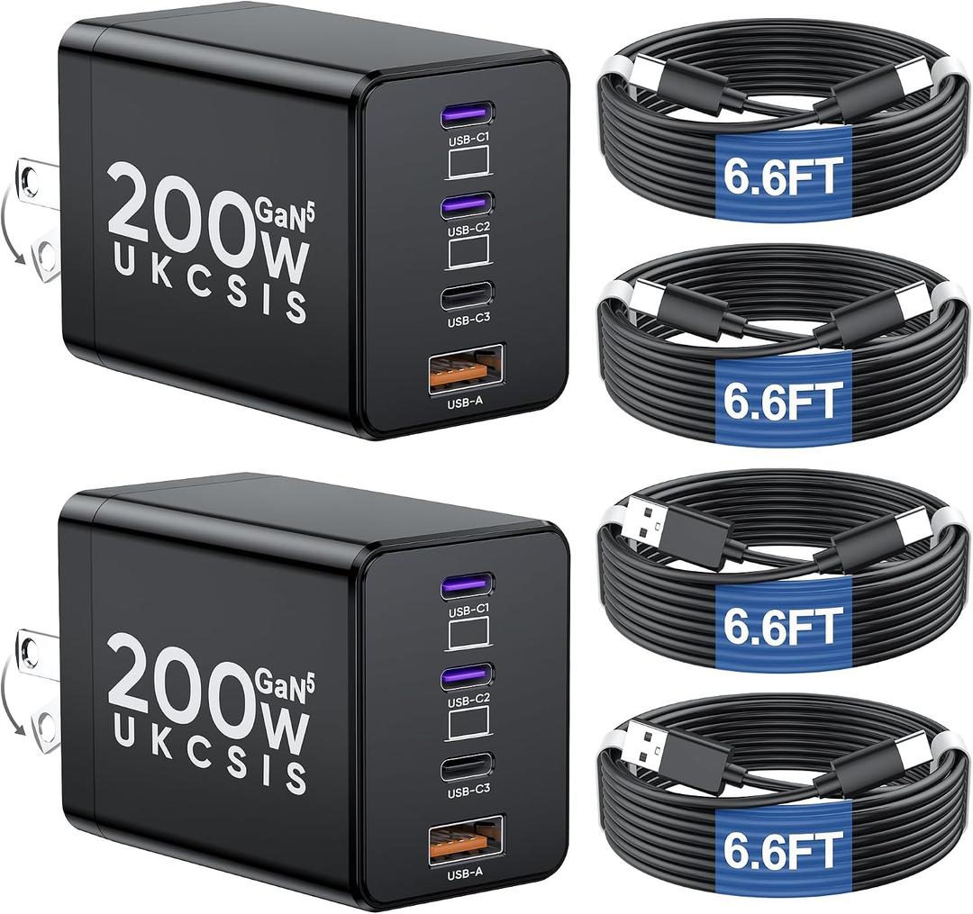 2 Pack 200W USB C Charger Block, Foldable 4-Port GaN5 Super Fast Charger USB C, Dual 65W Type C Charging Block, Laptop Fast Charging Adapter for MacBook Pro/Air, iPad, iPhone, Samsung Galaxy Black