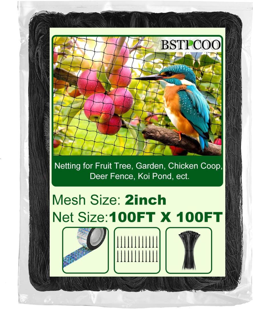 BSTPCOO Chicken Netting Roof Hawk 100'x100' with 2" Mesh, Heavy Duty Bird Nettings for Garden with Birds Scare Tape, Nylon Bird Netting for Chicken Coop, Avian Nettings Deer Fence Fruit Tree Net