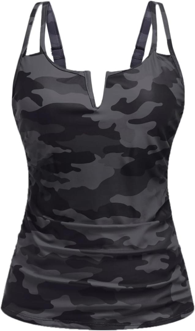 Women Tankini Bathing Suit Top - Ruched Tummy Control Swimsuit Top Modest Swim Tank Top Only No Bottom 2025 (X-Large, Camo)