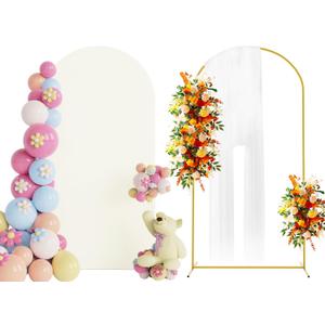 Putros 6.6ft Metal Arch Stand with Cover Ivory Spandex Fitted Wedding Arch Cover and Round Top Chiara Backdrop Stand Set for Birthday Party Baby Shower Decoration