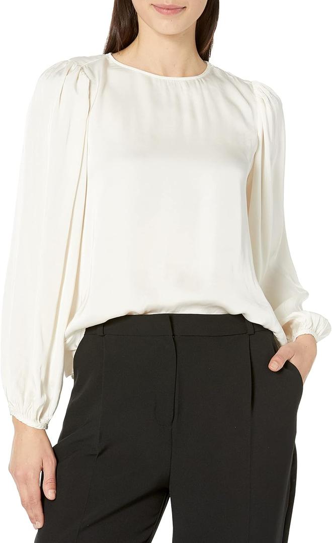 VELVET BY GRAHAM & SPENCER Women's Leila Long Sleeve Satin Shirt, Crema, Small