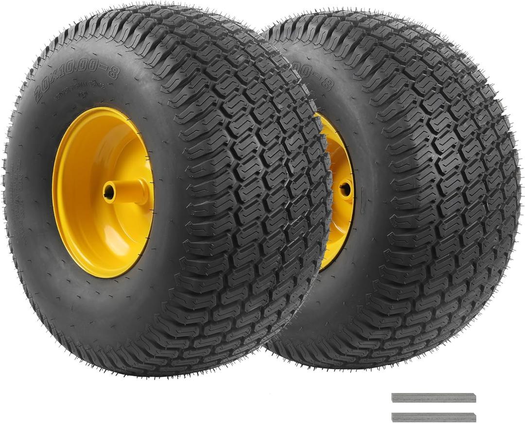 AR-PRO 20x10.00-8 Tubeless Lawn Mower Tire and Wheel Assembly (2-Pack), 4-Ply Rear Tire with Steel Rim, 3/4" Bore & 3/16" Keyway, 3.5" Offset Hub, S-Turf Tread, Riding Lawn Mower & Garden Tractor