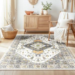 BESTSWEETIE 4x6 Area Rug for Living Room Washable Rugs No Pile Carpet for Entryway Bedroom Dinning Room Playroom Vintage Boho Carpet Print Distressed Non-Slip, 4 x 6 ft, Grey Brown Neutral