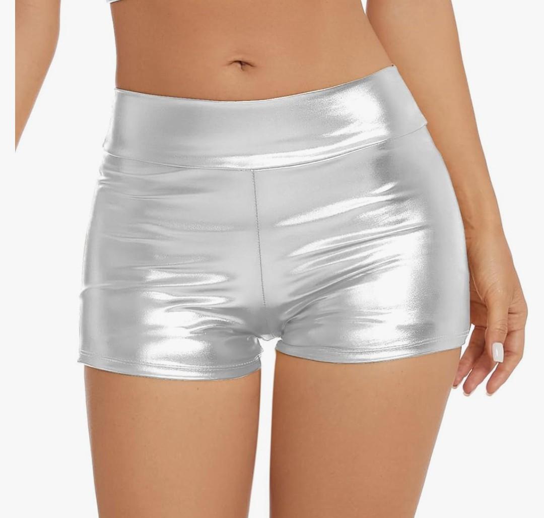 Women's Metallic Rave Booty Shorts Shiny High Waisted Bottoms for Dance Festival, Small
