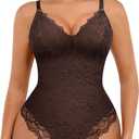 FeelinGirl Shapewear Bodysuits for Women Lace Shapewear Tummy Control V-Neck Sleeveless Bodysuit Tops Jumpsuit (Large, Brown)