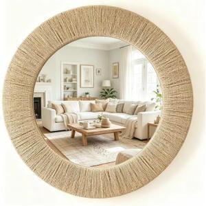 OYPEIP 24 Inch Round Natural Jute Woven Decorative Wall Mirror, Boho Wabi Sabi Textured Frame Mirror for Farmhouse Coastal Living Room Entryway Bathroom Home Decor