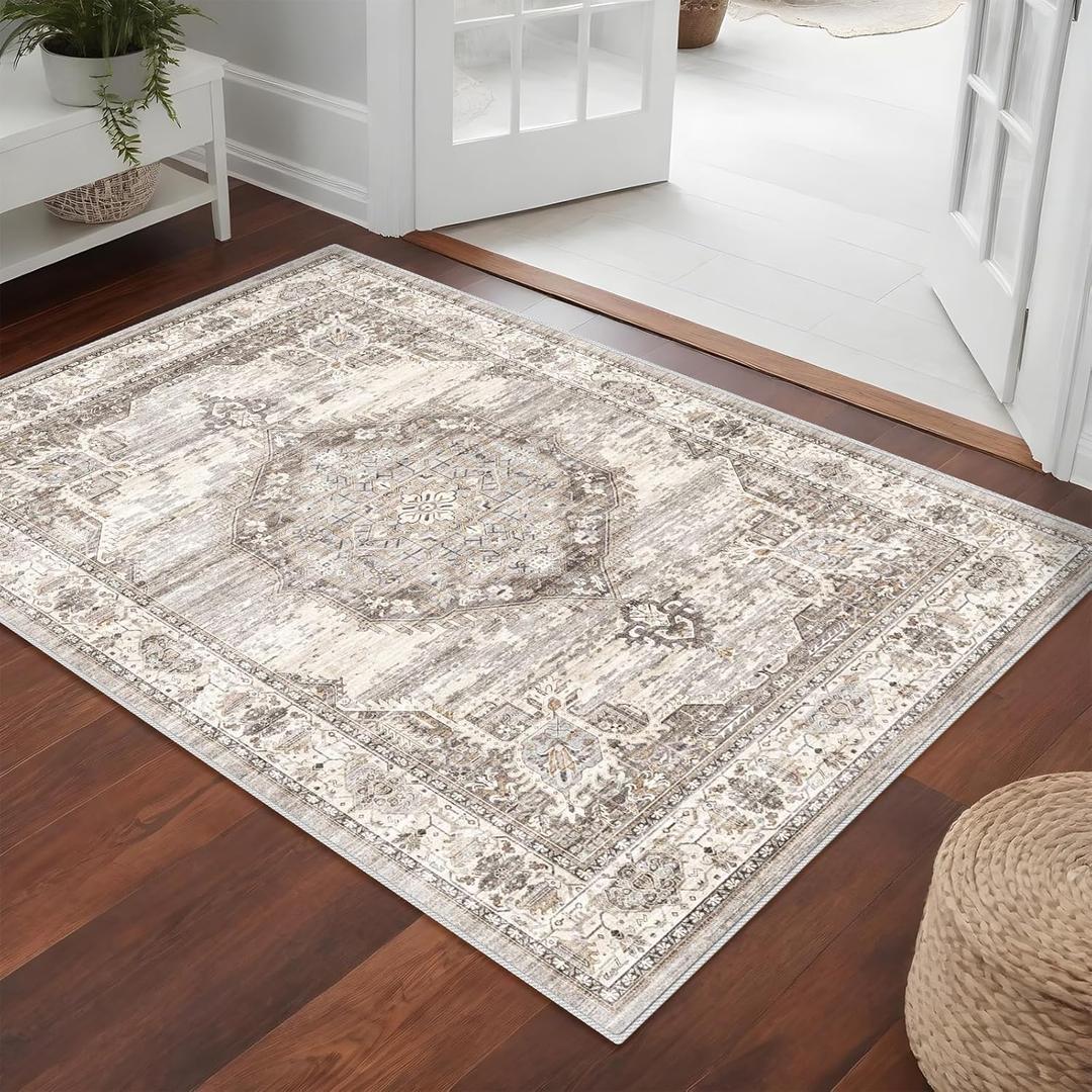 Washable Area Rugs 3x5 Entryway: Soft Low Pile Mat Machine Washable Indoor Doormat Lightweight Entry Rug Anti Slip Backing Rugs for Living Room Bedroom Kitchen Bathroom 3'x5' Beige