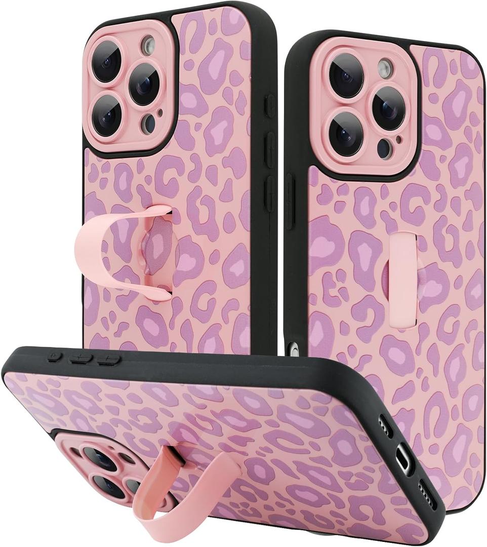 KANGHAR for iPhone 16 Pro Case Purple Leopard Print Pattern Cute Cheetah Wristband Stand Phone Cover for Women Girls Men Shockproof Slim Protective Cover for iPhone 16 Pro 6.1 Inch
