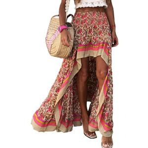 BTFBM Women 2026 Spring Summer Long Skirts Dress Boho Floral Elastic Waist Split Ruffle High Low Beach Maxi Skirt Clothes (Small)