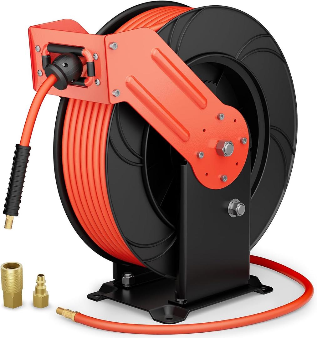 Air Hose Reel, 3/8 In X 65 ft Retractable Air Hose Reel, Double Arm & Auto Rewind Air Compressor Hose Reel Heavy Duty Air Tool Hose Reels with 6 ft Lead In Max 300PSI for Ceiling/Wall Mounts