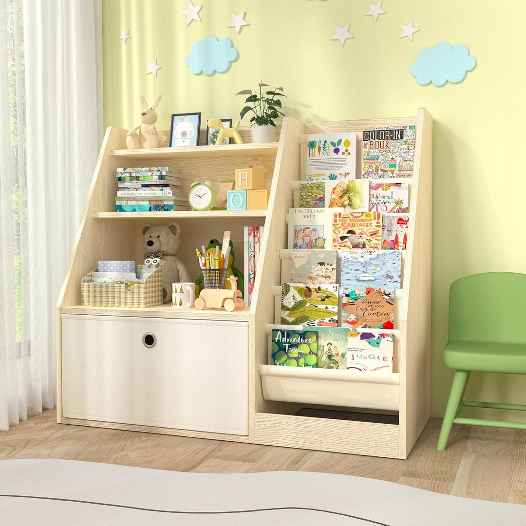 TOETOL Kids Bookshelf & Book Storage6 Sling Wooden Toddler Book Shelf3-Tier Wooden Open Bookcase & Storage Organizer Boxes for Nursery, Playroom, Bedroom (Large Size, Natural)