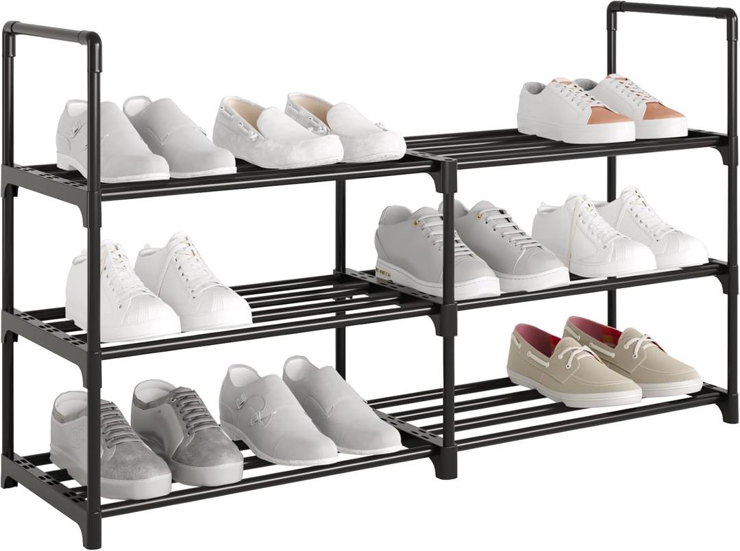 Long Metal Shoe Rack, Stackble Shoe Shelf Storage Organizer for Entryway, Hallway and Closet (3-Tier-2R, Black)