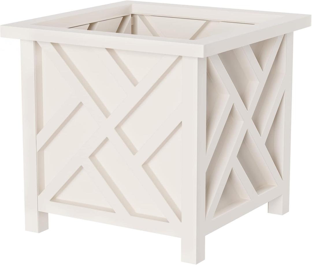 Lattice Design Outdoor Planter Box - 14.75 Square 13 Tall White Plant Pot - Decorative Plant Pots for Front Porch Decor - Flower Pots Outdoor Planters for Porch Patio or Garden Decor by Pure Garden