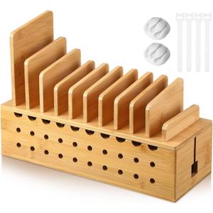 Bamboo Charging Station for Multiple Devices, Cell Phone Docking Charging Station Organizer and Cord Organizer for 10 Devices for Power Strip Storage, Phones and Tablets(Primary Color)