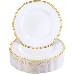 Hioasis 60pcs Gold Plastic Plates - White and Gold Disposable Dinnerware with Gold Rim, Heavy-duty, 7.5 inch, Dessert Plates for Party & Thanksgiving
