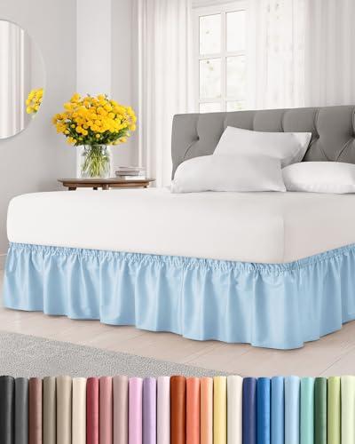 Wrap Around Dust Ruffle Bed Skirt - Light Blue - for King Size Beds with 21 Inch Drop - Elastic Strap - Adjustable Pleated Bedskirt with Brushed Fabric and Wrinkle Free - for Women, Men, Kids & Teens