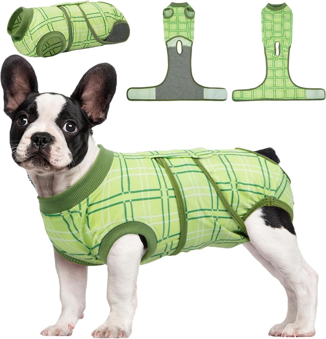 Kuoser Dog Recovery Suit for Female Male Dogs, Post-Surgery Bodysuit for Spay Neuter, Dog Onesie After Surgery, Anti-Licking Pet Surgical Recovery Suit, Green S (S (Back:11.4-13.4'', Weight:7-15 LB))