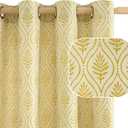 BGment Mustard Yellow Linen Curtains for Living Room, French Country Leaf Jacquard Botanical Pattern Cottage Core Boho Vintage Light Filtering Semi Sheer Linen Curtains, 2 Panels, 52 x 84 Inch