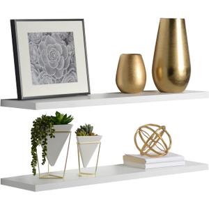 2-Pack Floating Shelves 36" x 8" x 1", White - Reforested Natural Wood Shelves - Thin Floating Shelf Easy Install - Decorations for Bedroom, Bathroom, or Kitchen - Modern Minimalist Aesthetic Decor