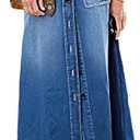 Flamingals Denim Maxi Skirt for Women High Waist Vintage Button Front Flap Pocket A-Line Long Jean Skirt Fall Fashion (Mid Blue)