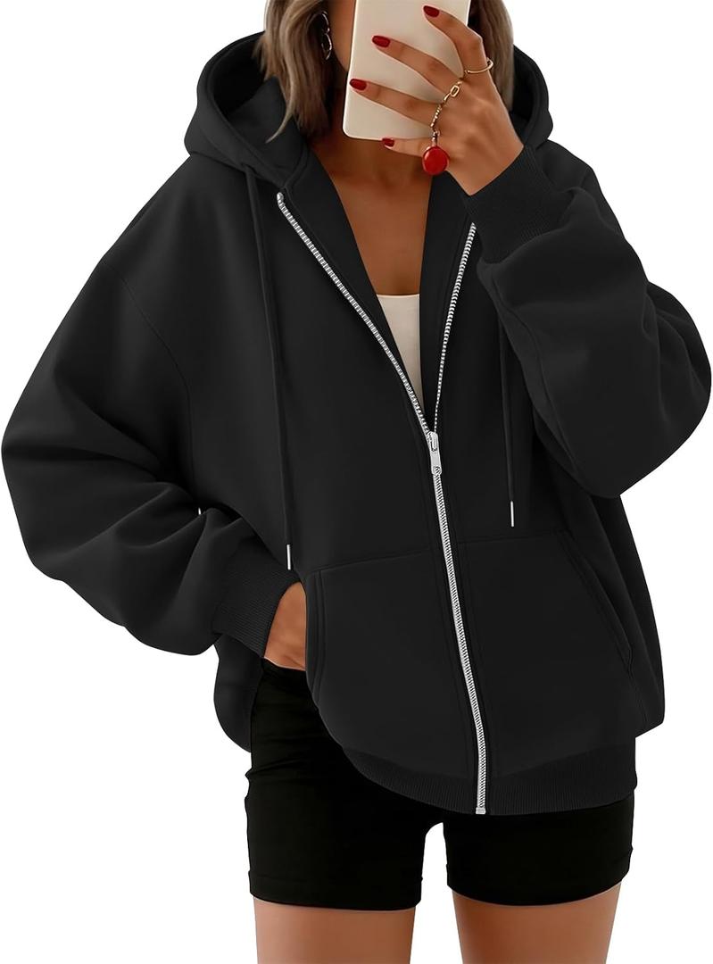 Trendy Queen Womens Zip Up Hoodies 2026 Oversized Sweatshirt (Black, M)