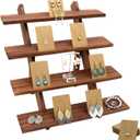 51pcs 4-Tier Wood Earring Display Stand, Retail Display Riser Earring, Ring Holder Stand, Removable Countertop Small Merchandise Display Stand with 50 Pcs Earring Card (Light brown)