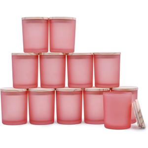 SHOWIN Thick Candle Jars for Making Candles 12 Pcs, 7 OZ Empty Jars with Wood Lids for Candle Making, Sample Container, Frosted Pink